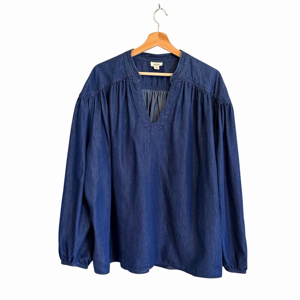 a.n.a. Womens Oversized Chambray Peasant Top Size 3X Coastal Boho Western Loose